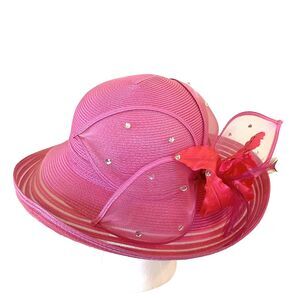 August VTG Ladies Wide Brim Hat Pink w/Rhinestone Kentucky Derby Wedding Church